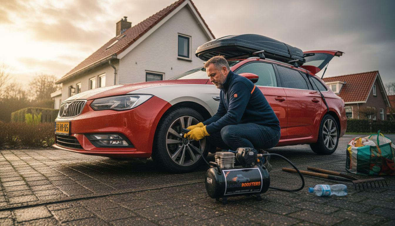 Een man controleert de bandenspanning van zijn auto, die helemaal volgeladen is.