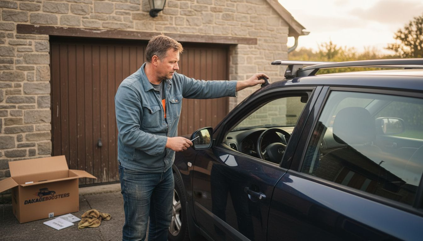 Man monteert een losse dakdrager op zijn auto