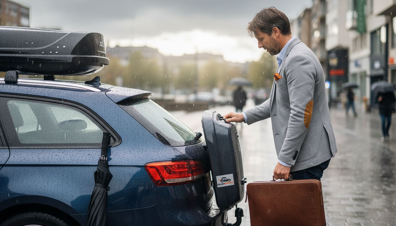 Zakenreiziger bevestigt een bagagebox op de trekhaak