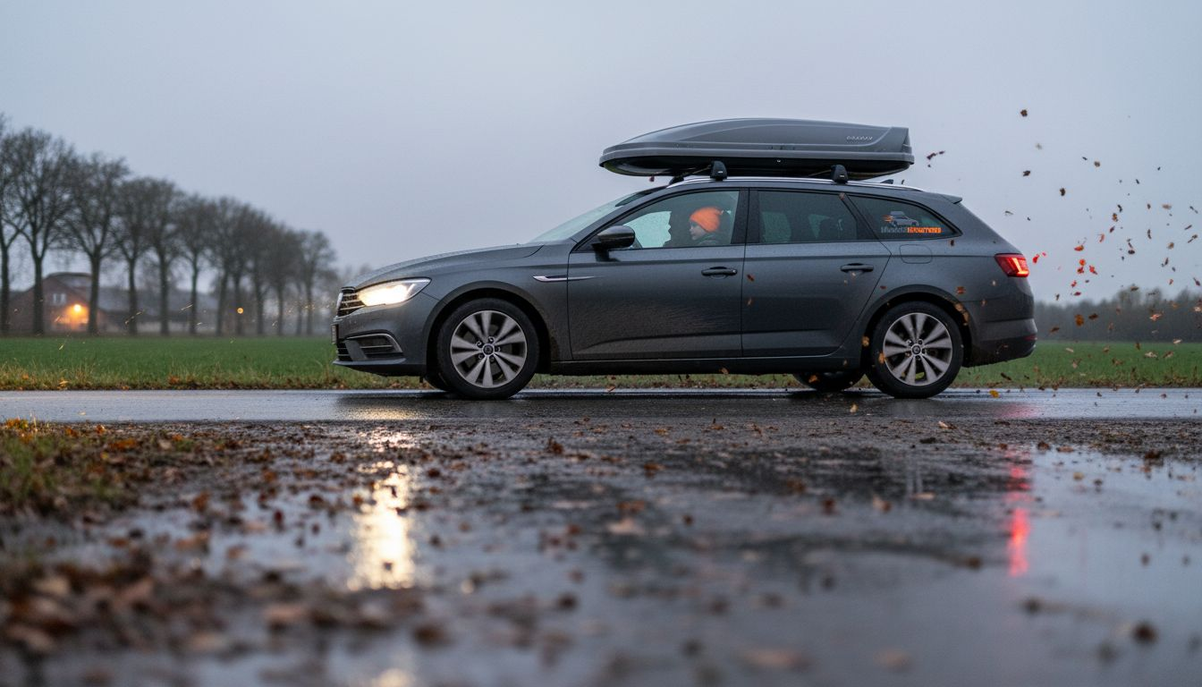 Een auto met een gestroomlijnde koffer rijdt over een nat wegdek.