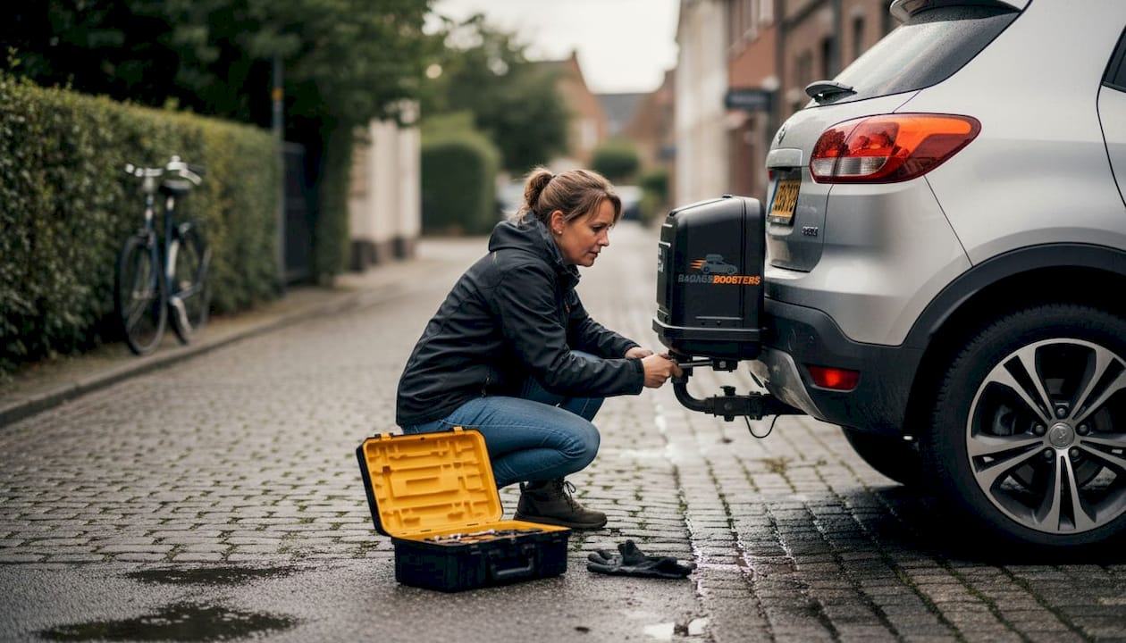 Vrouw draait trekhaakkoffer stevig vast met momentsleutel