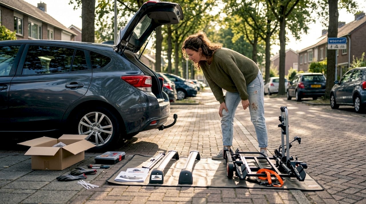 Een vrouw bekijkt verschillende bagagedragers voor haar auto om te zien welke het beste bij haar wensen past.