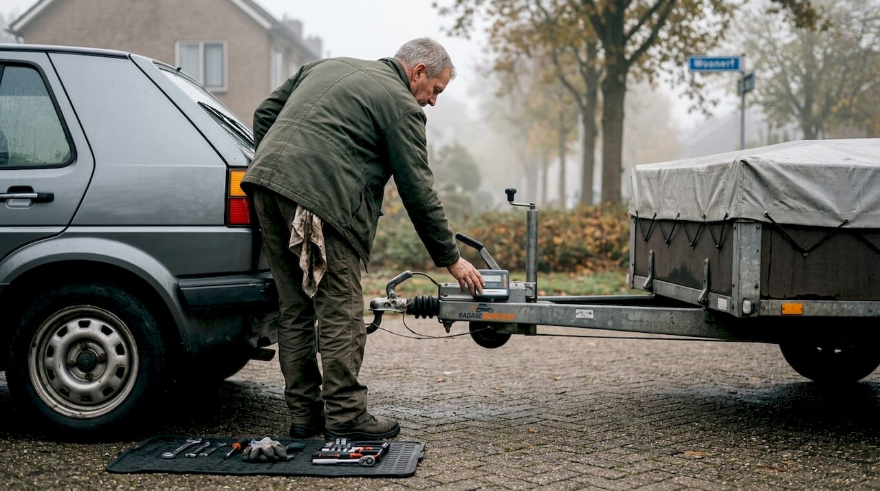 Man controleert kogeldruk van de trekhaak met een weegschaal