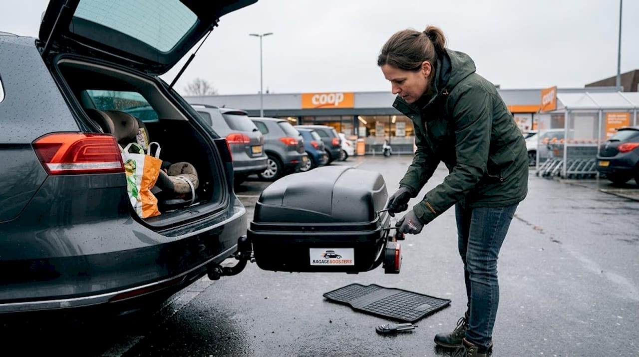Vrouw monteert universele dakkoffer op trekhaak van haar auto