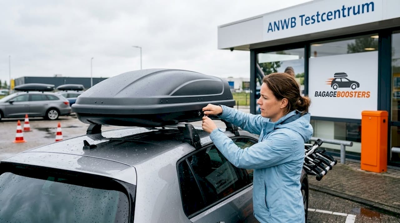 Tijdens een ANWB-test klikt een vrouw de dakkoffer stevig dicht.