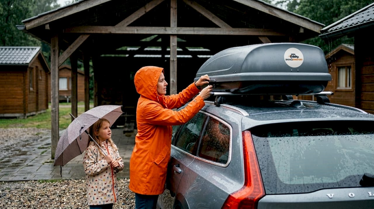 Terwijl haar dochter nieuwsgierig toekijkt, maakt moeder de dakkoffer stevig vast op de auto.