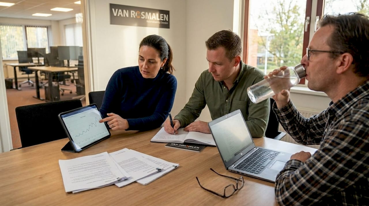 Een team buigt zich samen over cloudoplossingen tijdens een overleg aan tafel.