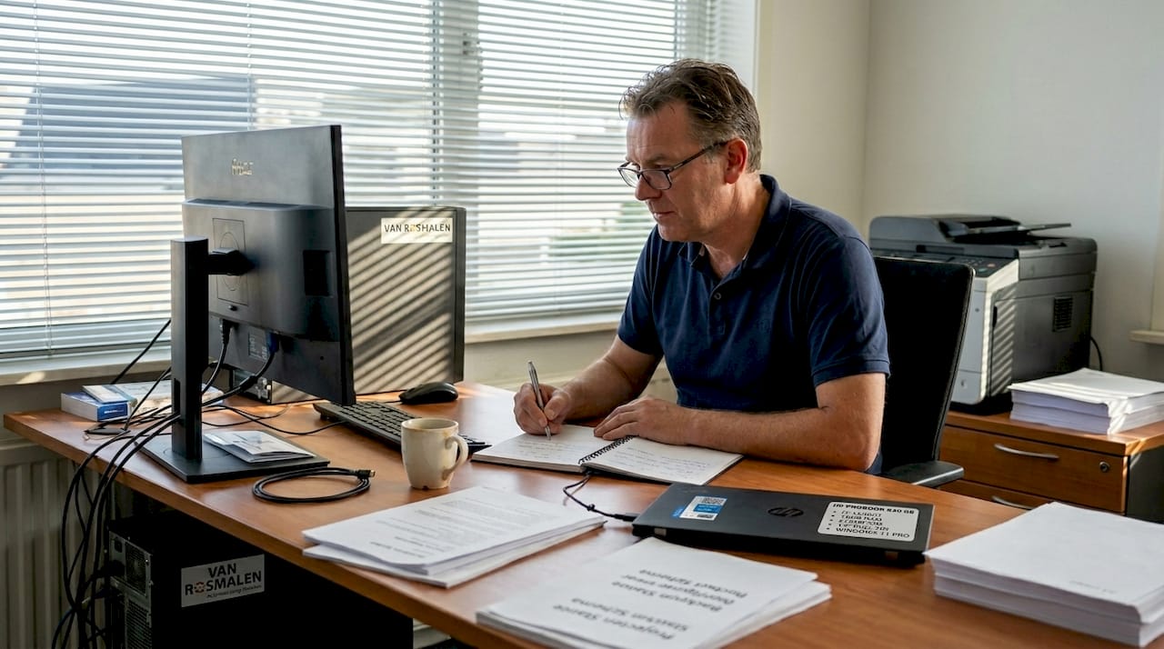 Een IT-manager zit achter zijn bureau en werkt aan het plannen van een overstap naar de cloud.