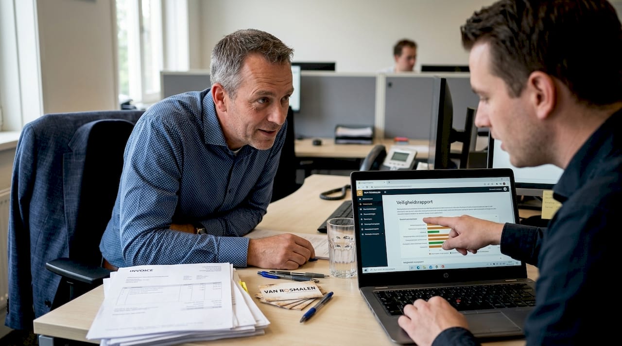 Een mkb-ondernemer en een IT-specialist gaan samen om de tafel om de digitale beveiliging van het bedrijf te bespreken.