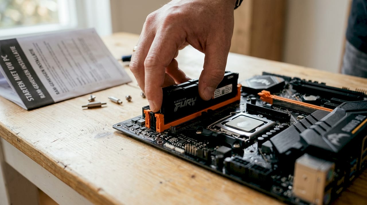 Een hand plaatst een RAM-geheugenmodule in het moederbord.