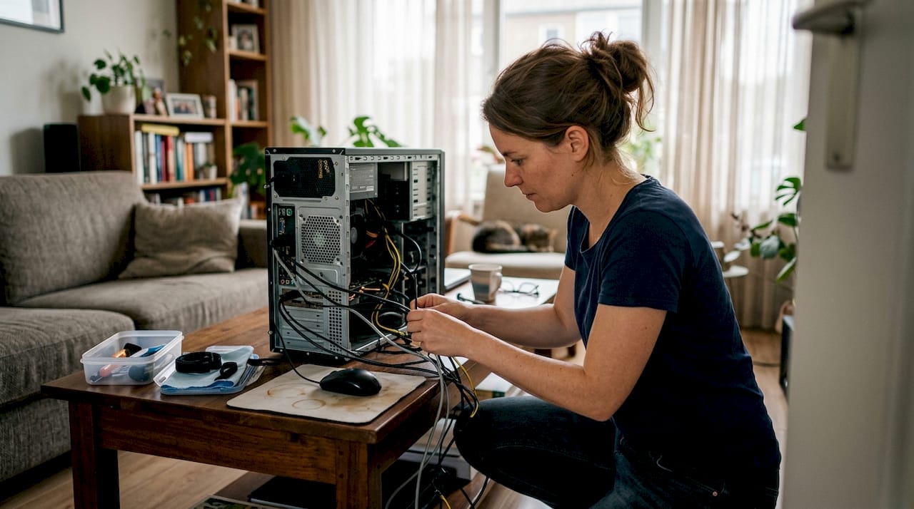 Een vrouw kijkt thuis de kabels van haar computer na.
