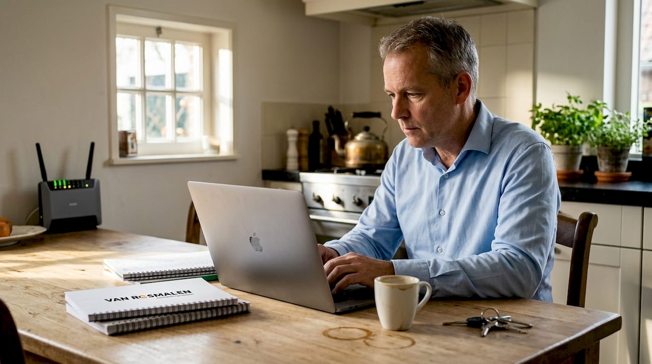 Man werkt veilig vanuit huis via een zakelijke VPN-verbinding