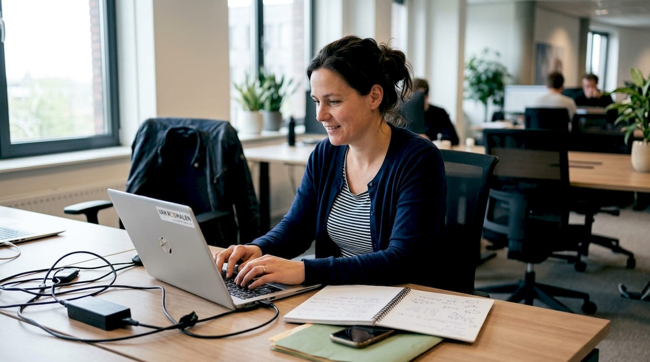 Zakenvrouw werkt met VPN op gedeelde werkplek