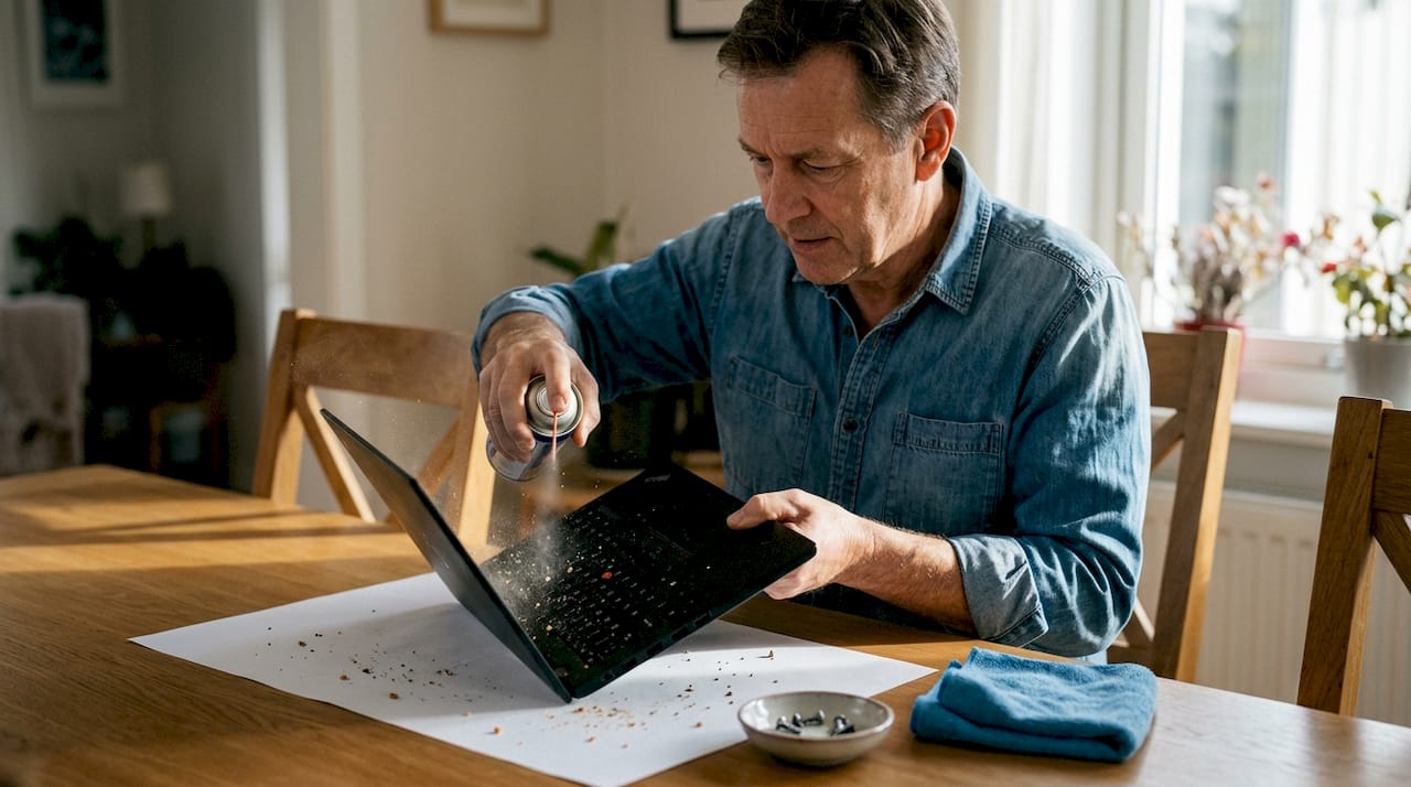 Een man maakt zijn toetsenbord schoon met perslucht.