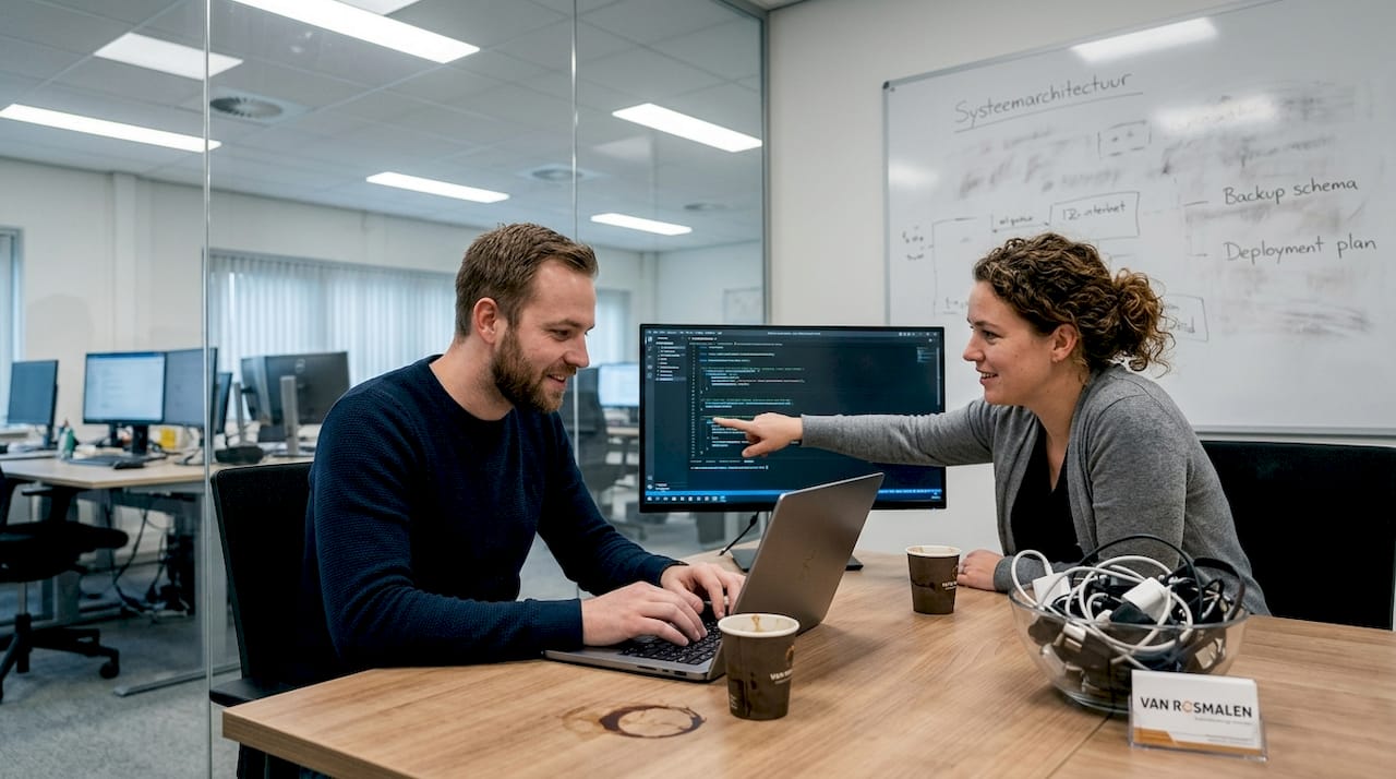 Het IT-supportteam overlegt samen in de vergaderruimte op kantoor.