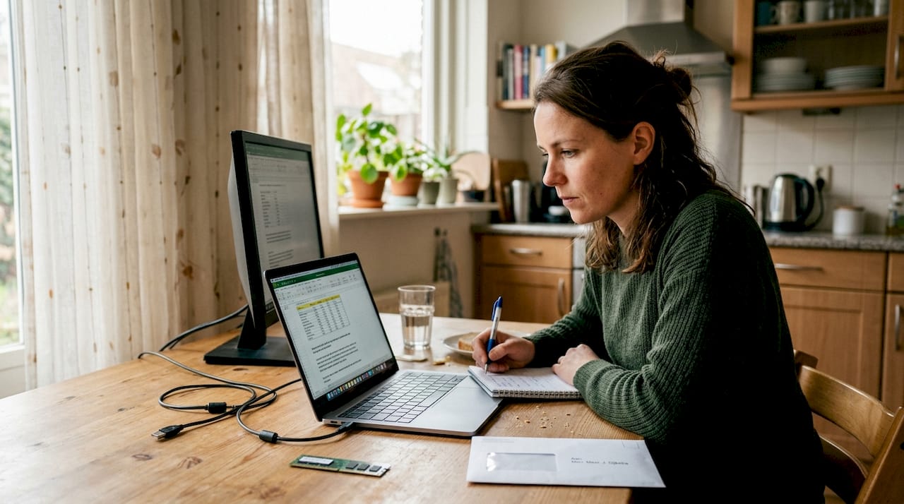 Een vrouw probeert thuis een probleem met haar computer op te lossen.