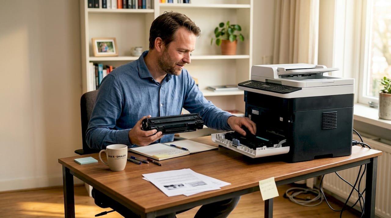 Een man kijkt thuis of er nog genoeg papier in de printer zit en controleert meteen de inktcartridge.