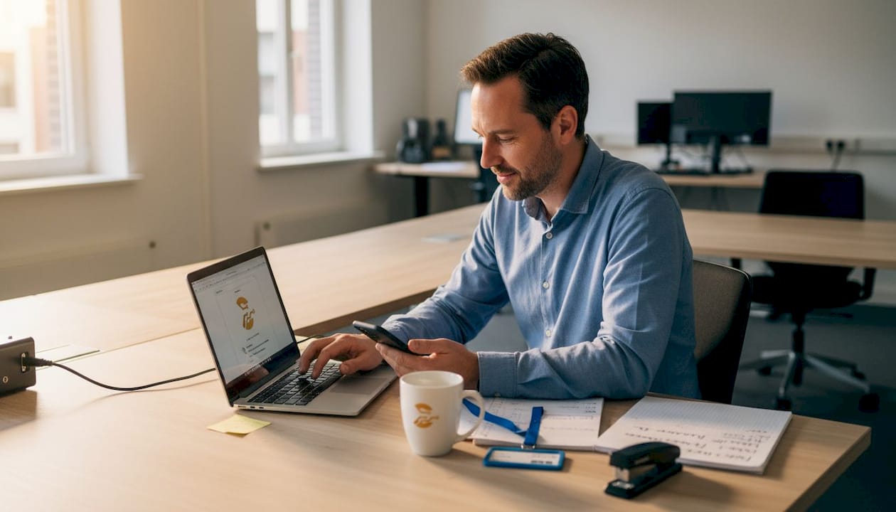 Een ondernemer logt veilig in met tweestapsverificatie via zijn laptop en smartphone.