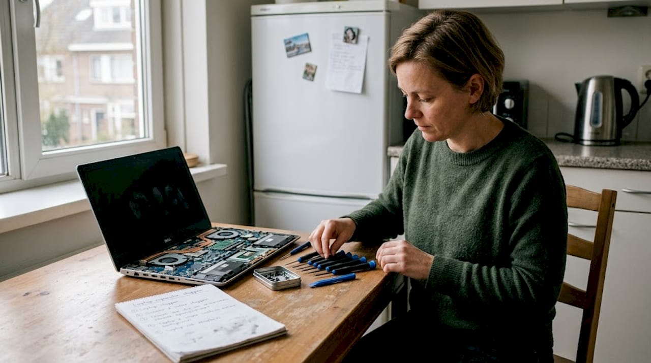 Een vrouw legt haar gereedschap klaar om een laptop te repareren.