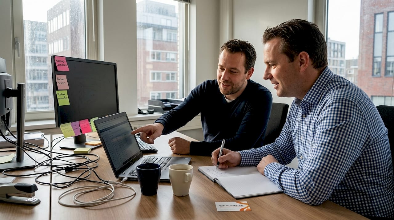 Een IT-adviseur geeft een ondernemer advies tijdens een overleg op kantoor.