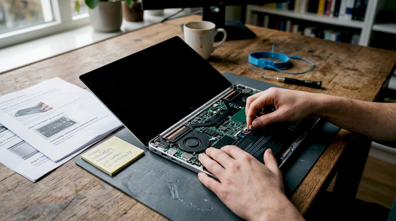 Verwijder de batterij voorzichtig uit de opengeklapte laptop met je handen.
