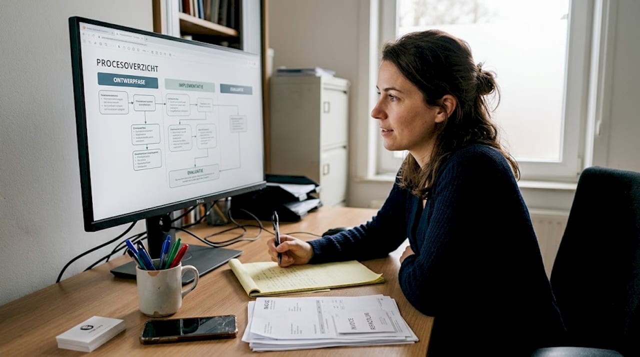 Op kantoor is een collega bezig met het in kaart brengen van de verschillende werkprocessen.