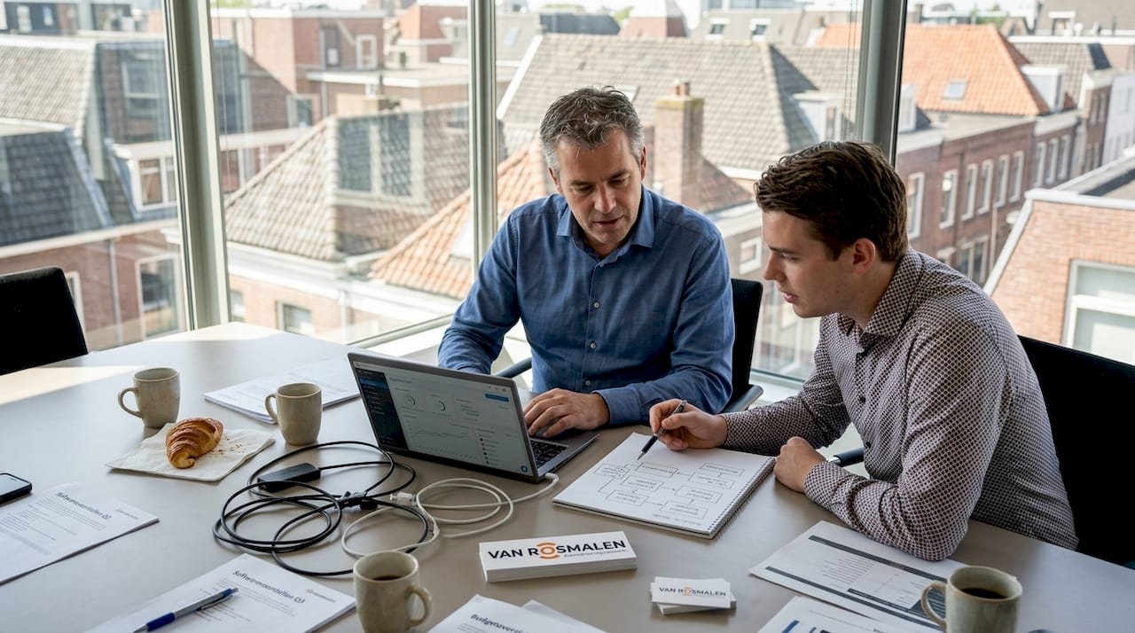 Aan de vergadertafel buigen ondernemers zich samen over nieuwe softwareoplossingen.