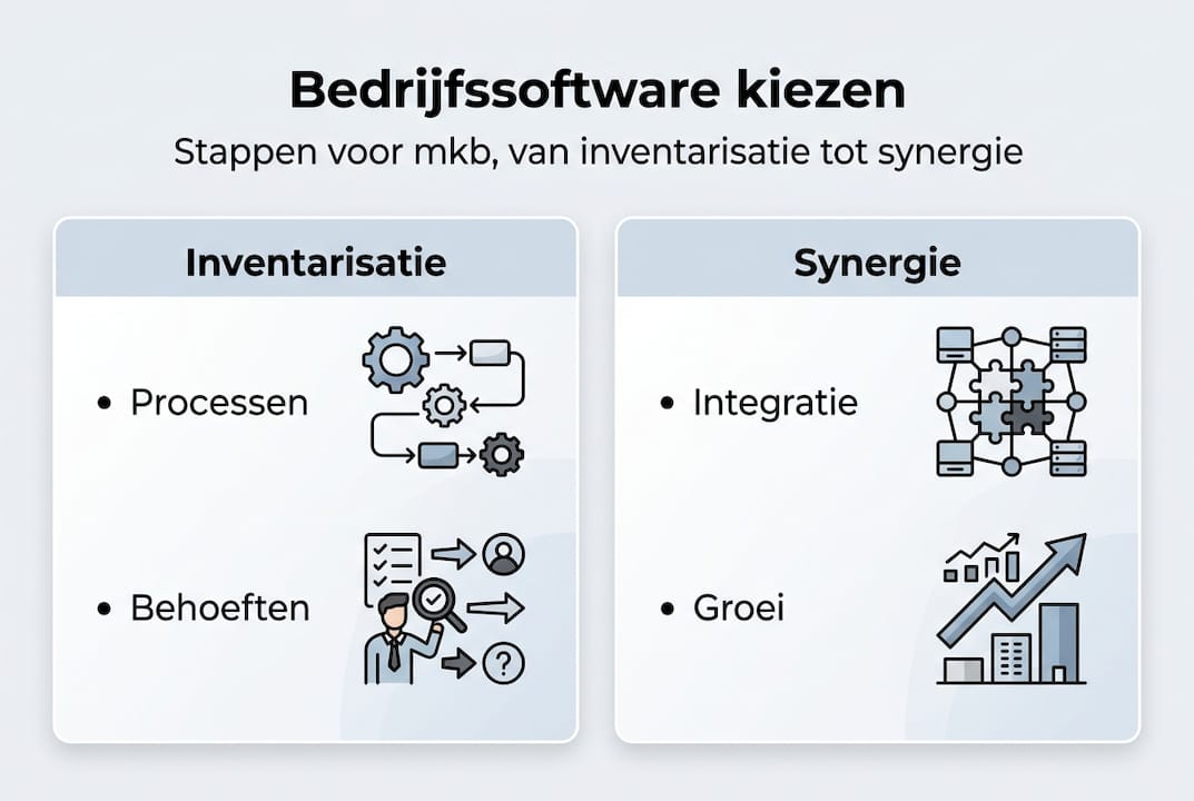 Infographic met een helder overzicht van software-opties en de belangrijkste aandachtspunten