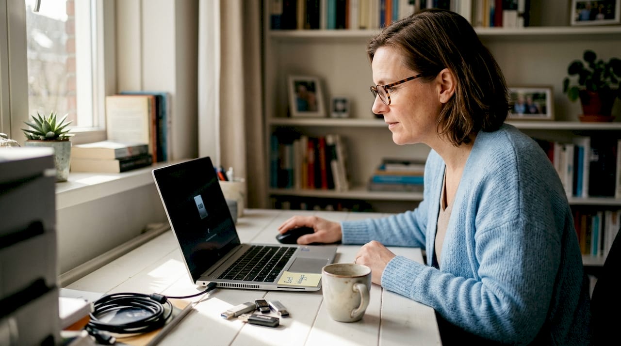 Vrouw start haar laptop met SSD op in haar thuiswerkplek