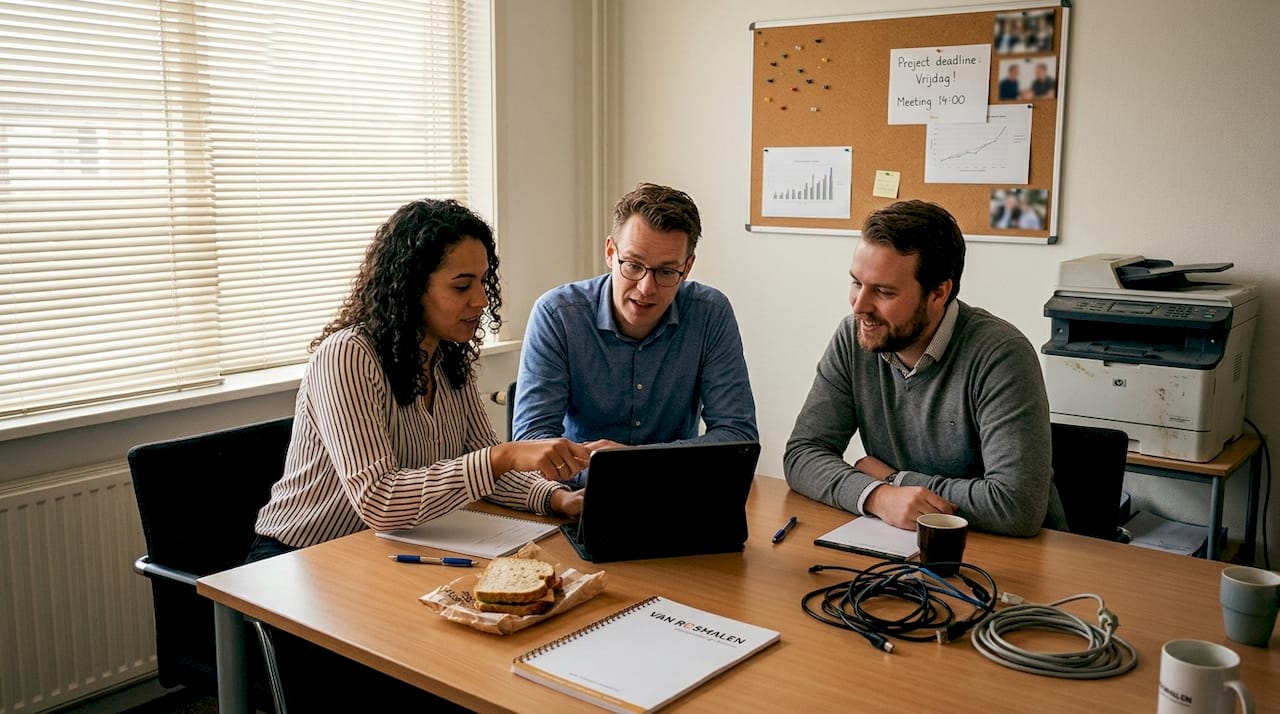Een klein team van een mkb-bedrijf overlegt samen over de voordelen van slimme IT-oplossingen.