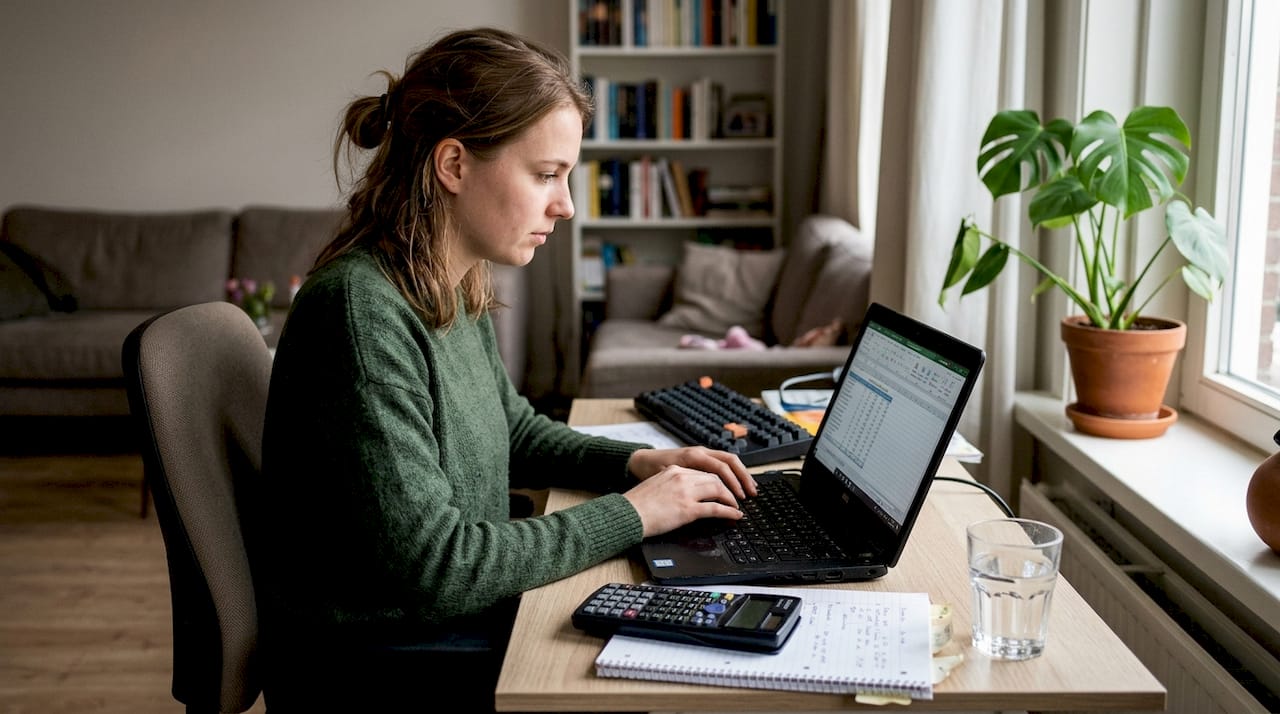Een thuiswerker zit achter zijn bureau en werkt op een refurbished laptop.