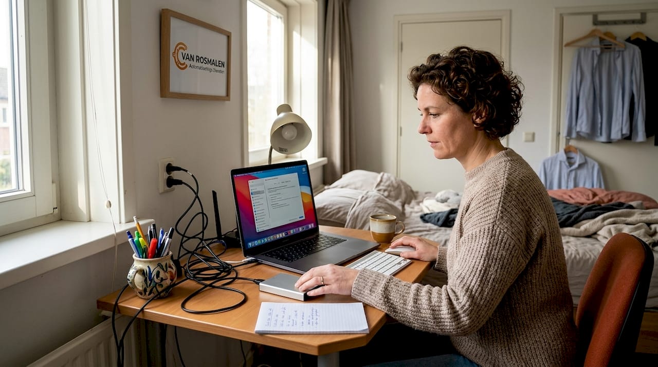 Een vrouw stelt de beveiligingsapparatuur van haar thuiskantoor in.