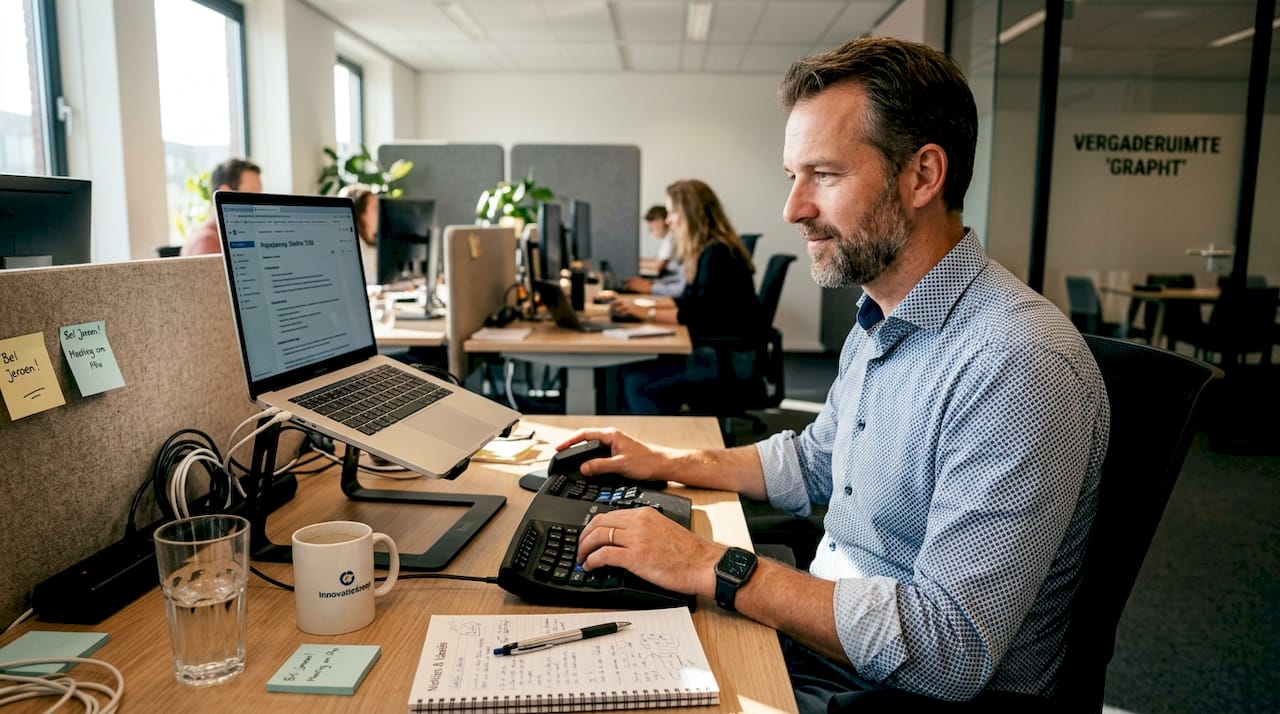Een man werkt achter zijn bureau met een ergonomisch toetsenbord en muis.