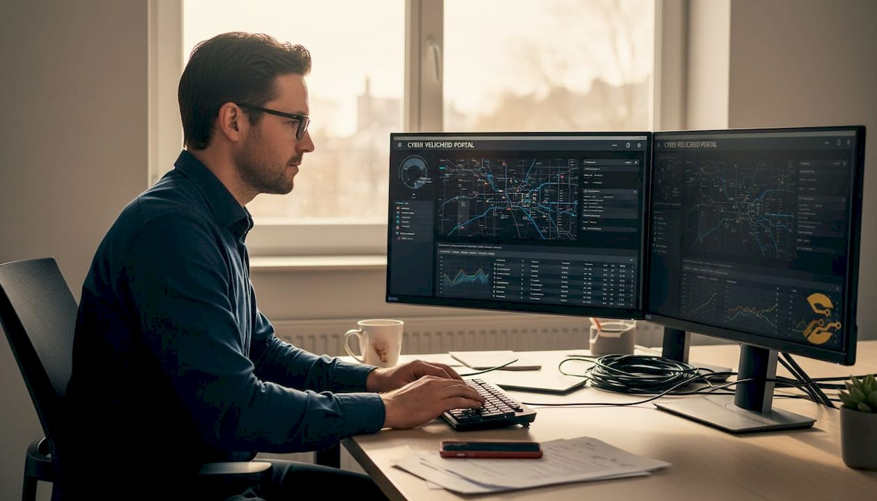 De IT-manager bekijkt het beveiligingsdashboard op kantoor.