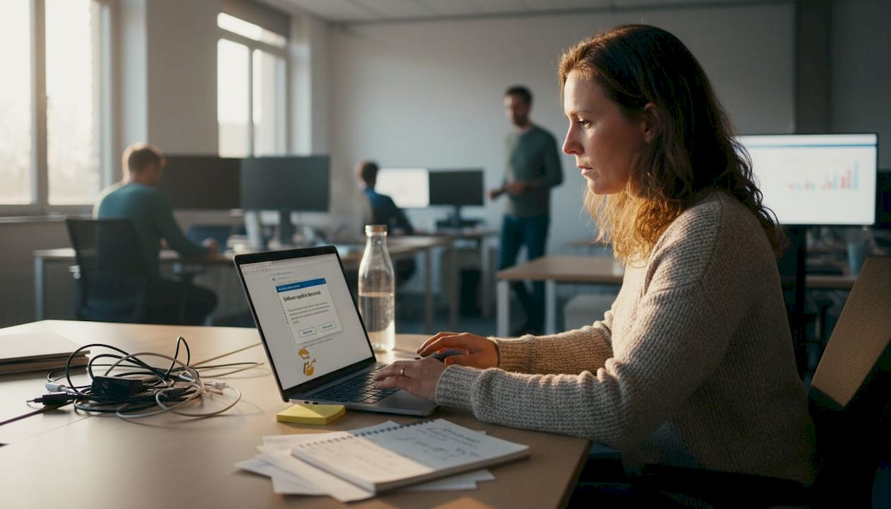 Een medewerker werkt aan het updaten van zijn laptop te midden van de drukte op kantoor.