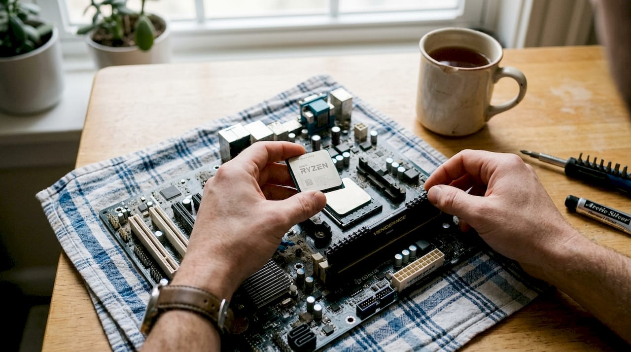Een paar handen houdt een CPU en een RAM-module boven een moederbord, klaar om deze te plaatsen.