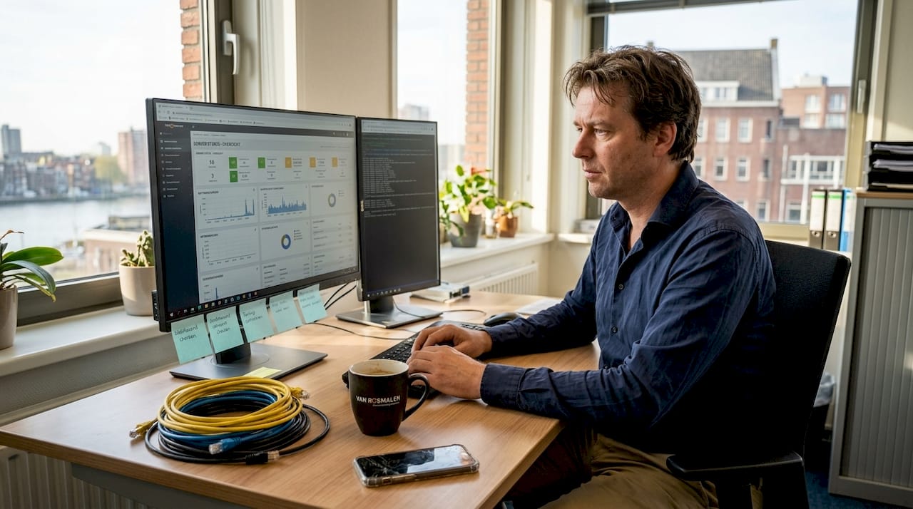 De systeembeheerder houdt vanuit het kantoor de servers in de gaten.