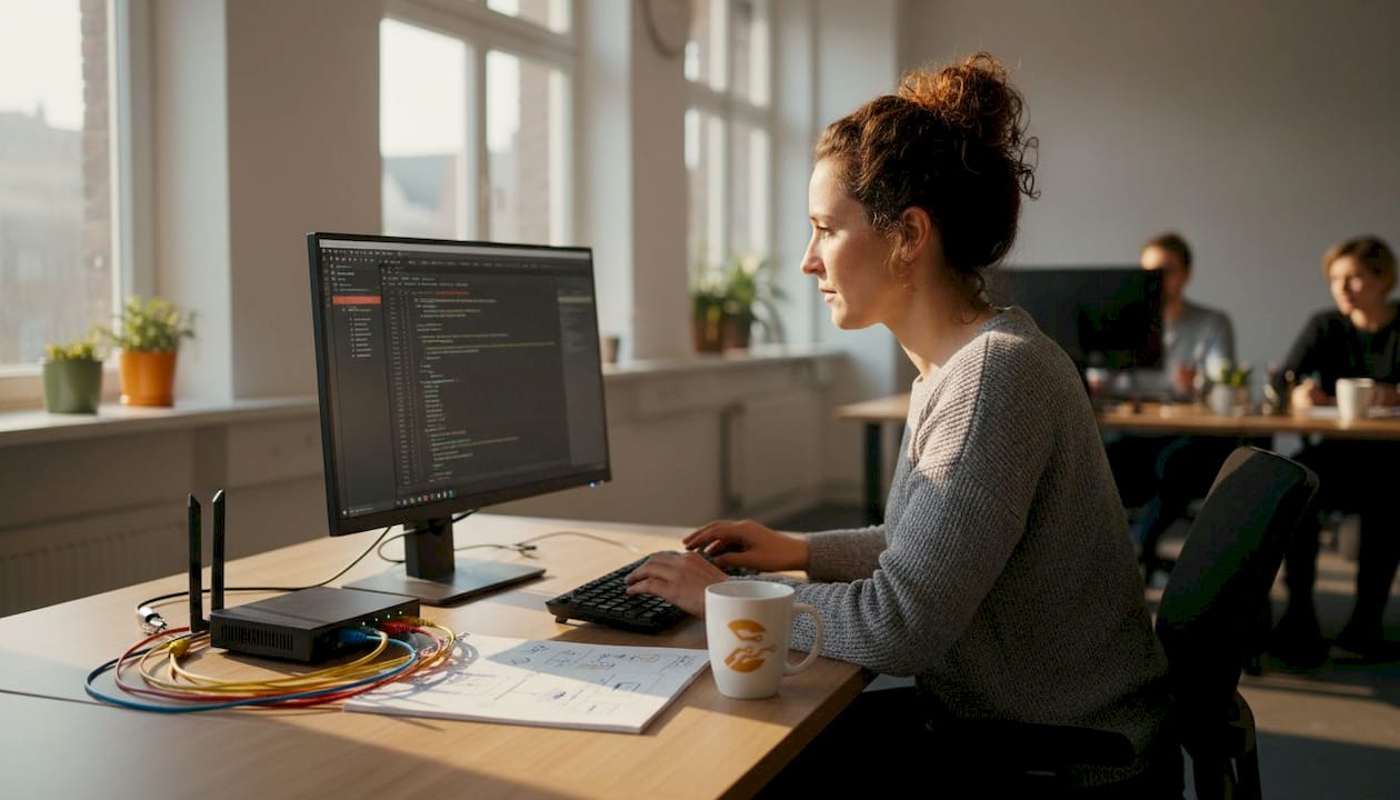 Een vrouw is bezig met het updaten van de firewall op haar werkplek.
