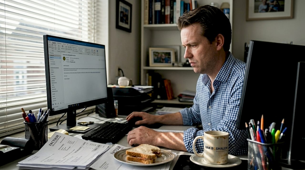 Kantoormedewerker bekijkt argwanend een verdachte e-mail achter zijn bureau.