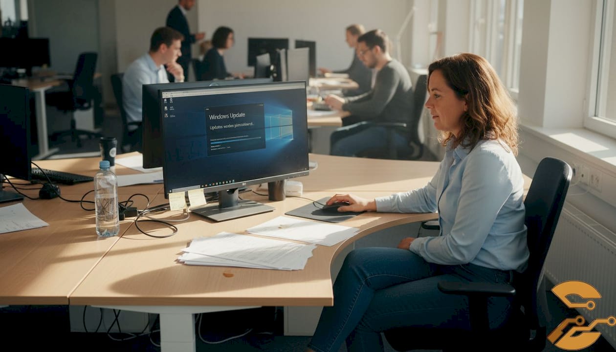 De IT-manager zit aan zijn bureau te werken op een typisch mkb-kantoor.