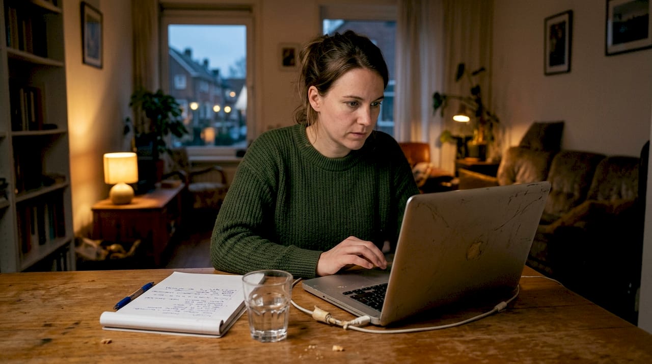 Twijfelende vrouw overweegt nieuwe laptop aan de keukentafel