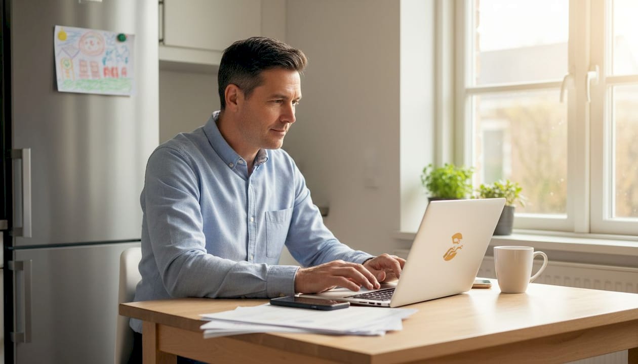 Een medewerker van een mkb-bedrijf werkt thuis op zijn laptop en beheert daar de cloudopslag.