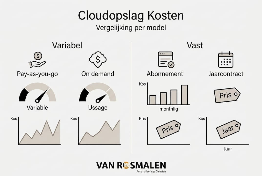 Overzicht van verschillende prijsmodellen voor zakelijke cloudopslag, helder weergegeven in een infographic