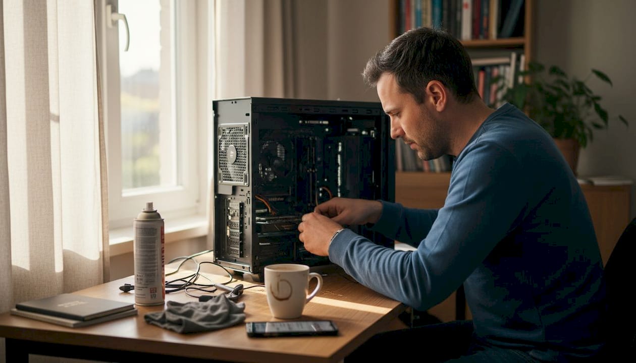 Een man is thuis op zijn werkplek bezig zijn computerkast schoon te maken.