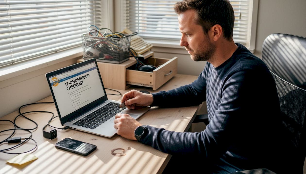 Een medewerker is bezig met IT-onderhoud aan een bureau waar het een beetje rommelig is.