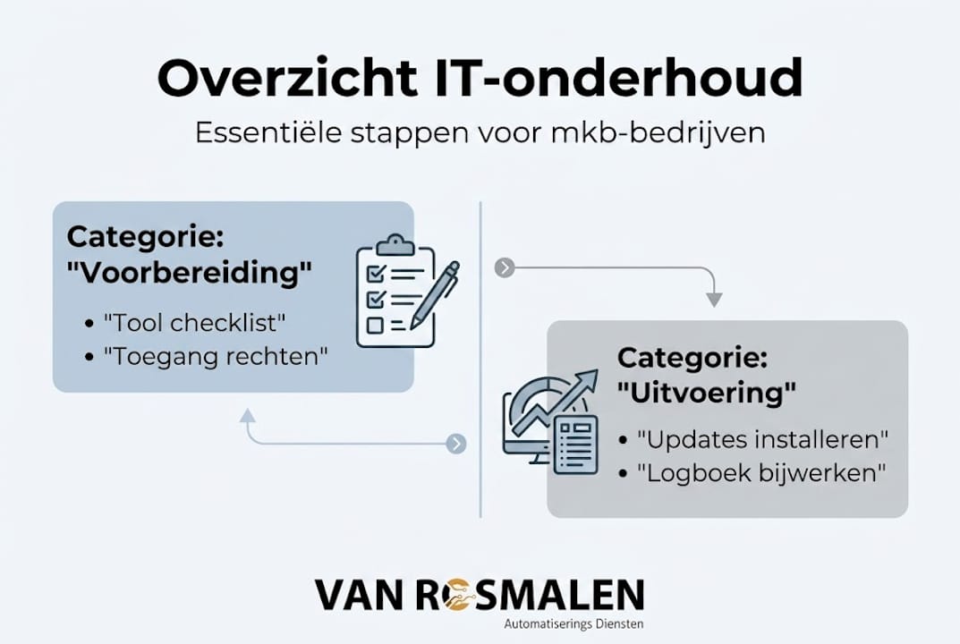 Overzichtelijke infographic met de belangrijkste stappen en onderdelen van IT-onderhoud