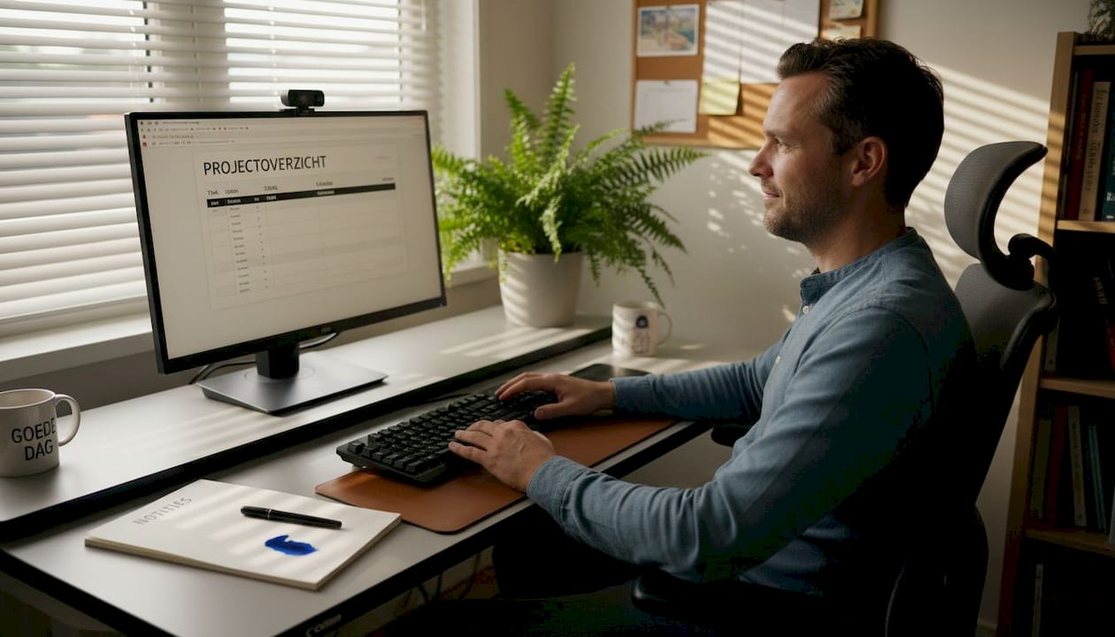 Man stelt zijn toetsenbord af voor een gezonde werkhouding op een ergonomisch ingerichte werkplek