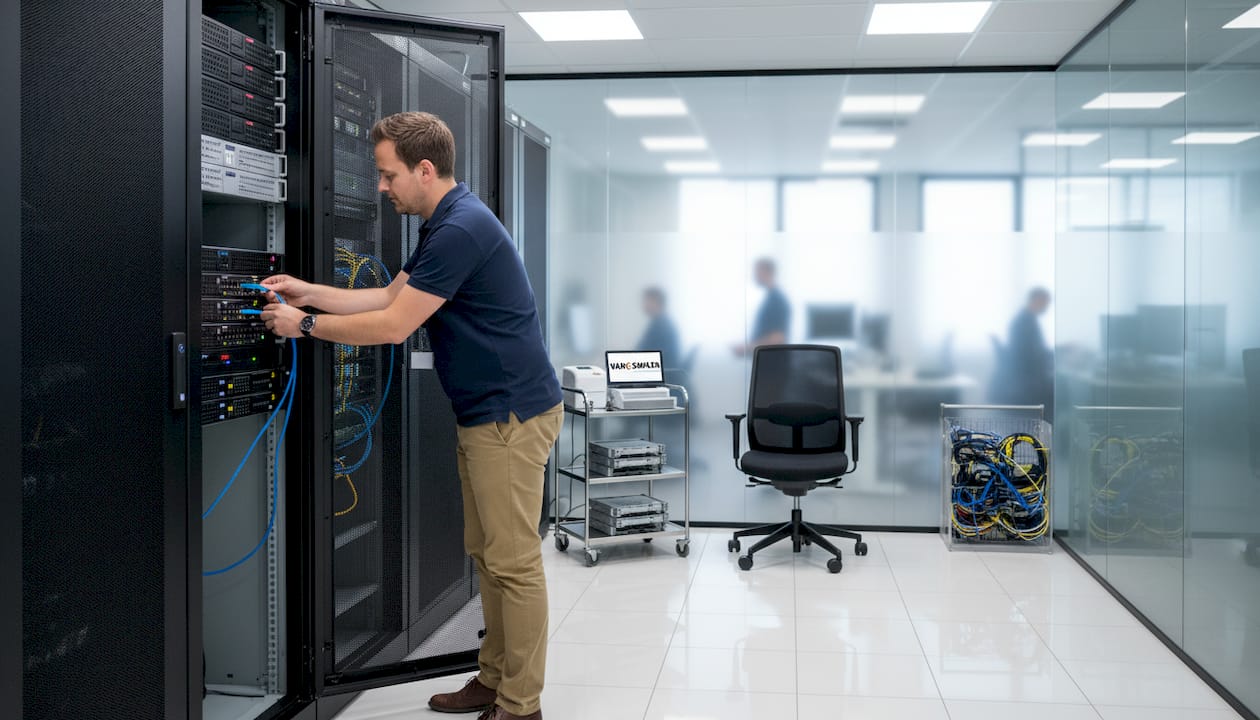 Een IT-manager die in het serverhok aan het werk is met een rackserver.