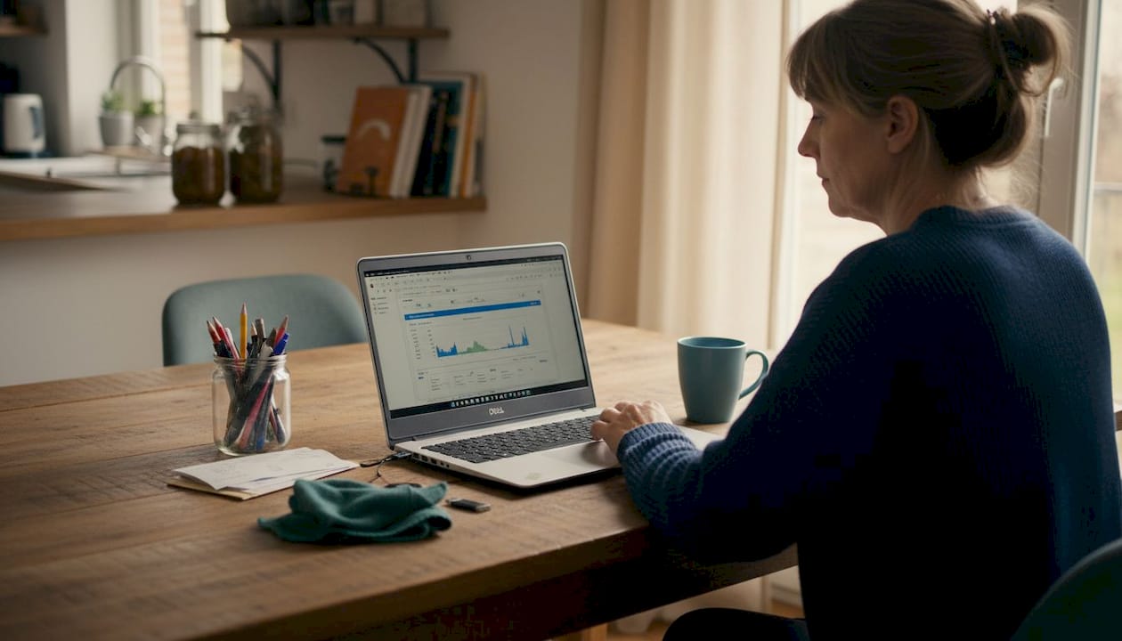 Vrouw kijkt op haar laptop aan de keukentafel om te zien of alles goed werkt
