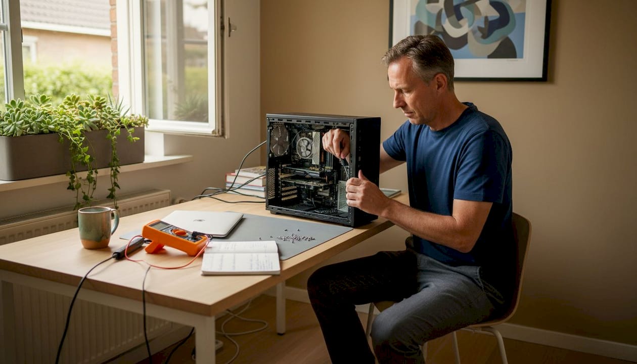 Monteur lost computerproblemen op in zijn thuiskantoor